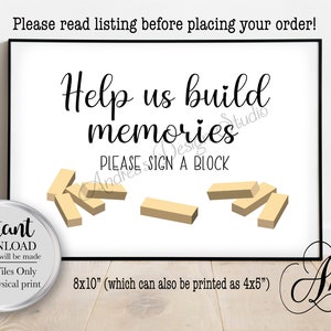 Könnte beinhalten: Druckbarer 20,3 x 25,4 cm Schild mit dem Text "Help us build memories, Please sign a block". Das Schild hat einen weißen Hintergrund mit schwarzem Text und einer Grafik aus Holzblöcken.
