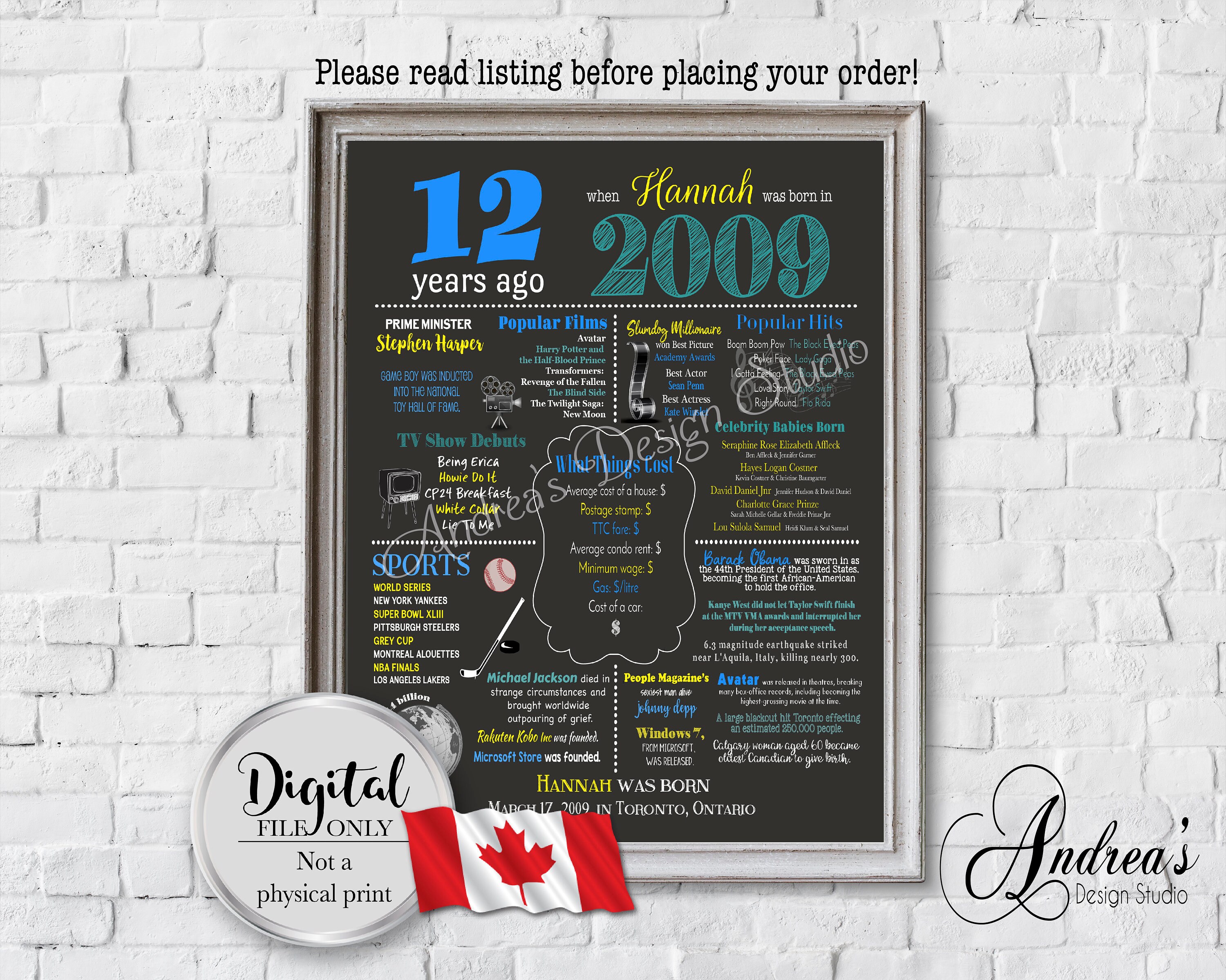 Personalized Birthday Chalkboard Design, 2009 Year In Review, Birthday Gift, 2009 Events & Fun Facts, Canadian Version, Digital Files