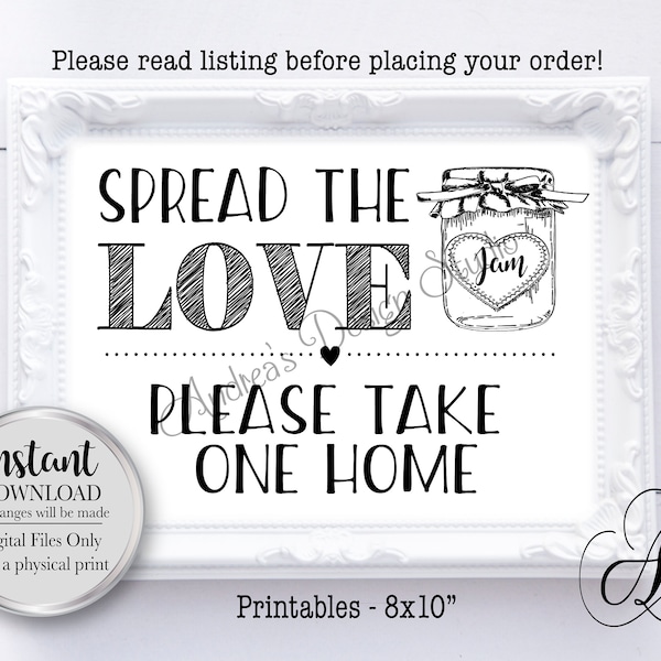 Spread the Love Sign, Jam Favour Sign, Wedding Favour Sign, Wedding Decor Sign, Jam Favour Sign, Instant Download, Digital Files