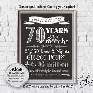 I Have Lived For 70 Jahre, Countdown Poster, 70. Geburtstag, Geburtstagsparty Zeichen, Party Dekoration, Instant Download, digitale Dateien