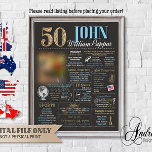 Personalized 50th Birthday Chalkboard Design, 50 Years Ago Year In Review Birthday Gift, 1989 Fun Facts, Digital Files
