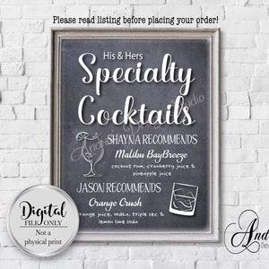 Enseigne pour boissons de spécialité pour elle et lui, enseigne imprimable pour boissons signature, enseigne pour bar de mariage, cocktails spéciaux, fichiers numériques
