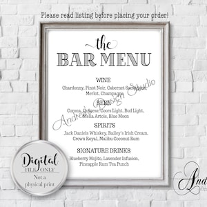 Le menu du bar, menu du bar de mariage, menu du bar imprimable, menu du bar panneaux de mariage, panneau de menu noir et blanc, fichiers numériques