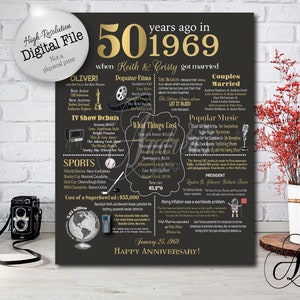 Personalized 50th Golden Anniversary Chalkboard Poster, 1969 Events & Fun Facts, 50th Anniversary Gift, 50 Years Ago, Digital File