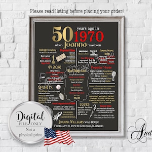 Personalized 50th Birthday Chalkboard Poster Design, 1970 Events & Fun Facts, 50th Birthday Gift, What Happened in 1970, Digital Files