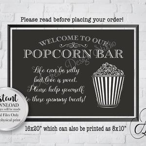 Popcorn Bar Schild, Hochzeit Popcorn Bar, Party Popcorn Bar Schild, Hochzeit & Party Dekoration, Kreidetafel, sofortiger Download, digitale Dateien