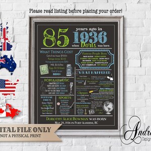 Personalized 1936 Birthday Chalkboard Poster, 1936 Fun Facts & Events, Canadian Edition, Birthday Gift, Digital Download, Digital Files