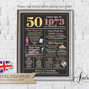 Personalized 50th Birthday Chalkboard Poster, 1973 Events & Fun Facts, 50th Birthday Gift, What Happened, UK Version, Digital Files