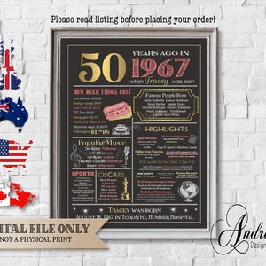 Personalized 1967 Birthday Chalkboard Poster, 1967 Fun Facts & Events, Birthday Gift, What Happened in 1967, Digital Download, Digital Files