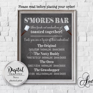 S'mores Bar Menü Party Schild, wo Marshmallows & Freunde zusammen getoastet werden, Chalkboard Style Party Dekoration, Digitale Dateien