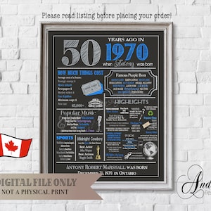 Personalized 50th Birthday Chalkboard Poster, 1970 Events & Fun Facts, 50th Birthday Gift, Year In Review, Canadian Version, Digital Files