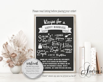 Recipe for a Happy Marriage, Wedding Gift, Anniversary and Valentine Gift, Wedding Advice, Chalkboard Style, Instant Download, Digital File