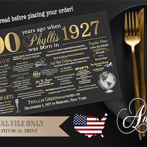 Personalized 90th Birthday Placemat, 1927 Events & Fun Facts, Birthday Gift, 90 Years Ago, Chalkboard Style, Birthday Decor, Digital Files