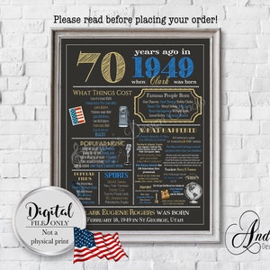 Personalized 70th Birthday Chalkboard Poster Design, 1949 Events & Fun Facts, 70th Birthday Gift, Digital File