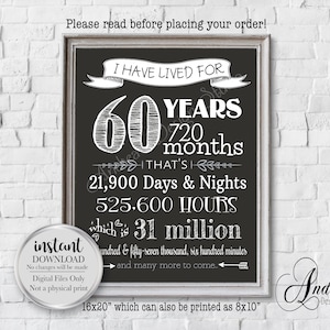 I Have Lived For 60 Jahre Countdown Poster, Timeline Poster, 60.Geburtstag, Geburtstagsparty Zeichen, Instant Download, digitale Dateien
