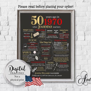 Personalized 50th Birthday Chalkboard Poster Design, 1970 Events & Fun Facts, 50th Birthday Gift, What Happened in 1967, Digital File