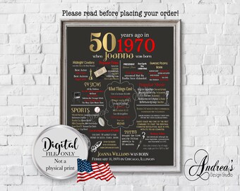 Personalized 50th Birthday Chalkboard Poster Design, 1970 Events & Fun Facts, 50th Birthday Gift, What Happened in 1967, Digital File