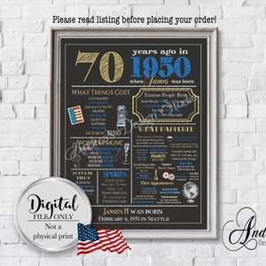 Personalized 70th Birthday Chalkboard Poster Design, 1950 Events & Fun Facts, 70th Birthday, What Happened in 1950, Digital File