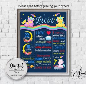 Unicorn Themed Birthday, First Birthday Chalkboard Poster, My Favourite Things, Children's Milestones, Chalkboard Sign, Digital Files