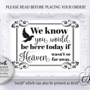 Heaven Wedding Sign, We Know You Would Be Here If Heaven Wasn&#39;t So Far Away, Instant Download, Digital Files