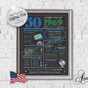 Personalized 50th Birthday Chalkboard Poster Design, 1969 Events & Fun Facts, 50th Birthday Gift, What Happened in 1969, Digital File