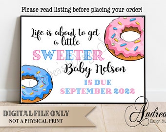 Life Is About To Get A Little Sweeter - Baby Announcement Sign, Doughnut Themed, Baby Shower Decor, Gender Neutral Baby Reveal, Digital File