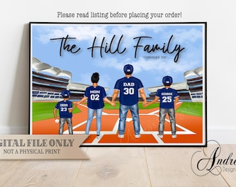 May include: Digital print depicting a family of four on a baseball field. Each person wears a baseball jersey with a name and number. The text "The Hill Family" is at the top, with "Established 2010" below it. The image is framed.