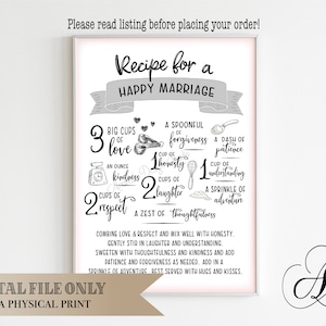 Recipe for a Happy Marriage, Wedding Gift, Anniversary Gift, Valentine Gift, Cute Marriage Advice, Instant Download, Digital Files