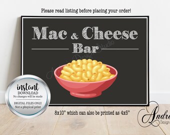 Puede incluir: Señal imprimible para una barra de macarrones con queso. La señal es negra con letras de estilo tiza blanca. Dice "Mac & Cheese Bar" y presenta un tazón de macarrones con queso. La señal mide 20,32 x 25,4 cm y se puede imprimir como 10,16 x 12,7 cm.