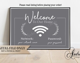 May include: A grey printable sign with white text that says "Welcome to Our Home". The sign also includes a wifi symbol, the words "Network" and "Password", and placeholders for the network name and password.