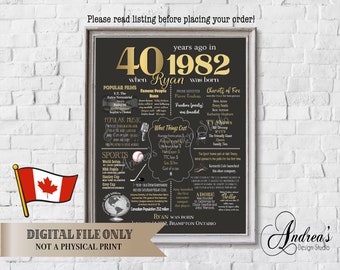 Personalized 40th Birthday Gift, 1982 Year In Review, 1982 Events & Fun Facts, Gifts For Her, Gifts for Him, Canadian Version, Digital Files