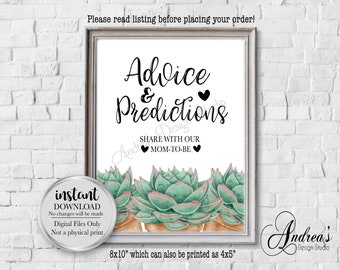 Advice & Predictions For Mom-To-Be, Baby Shower Sign, Succulent Baby Shower Sign, Greenery Baby Shower, Instant Download, Digital Files