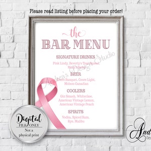 Le menu du bar, menu du bar de mariage, sensibilisation au cancer du sein, menu du bar, menu du bar panneaux de mariage, fichiers numériques