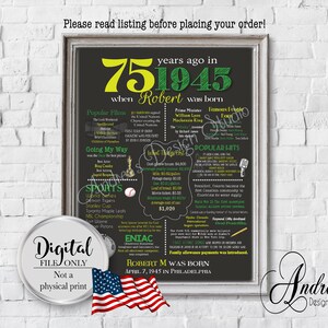 Personalized 75th Birthday Chalkboard Poster Design, 1945 Events & Fun Facts, 75th Birthday Gift, US Version, Digital Files