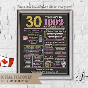 Personalized 30th Birthday Chalkboard Design, 1992 Year In Review Birthday Gift, 1992 Events & Fun Facts, Canadian Version, Digital Files