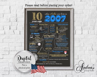Personalized 10th Birthday Chalkboard Poster Design, 2007 Events & Fun Facts, 10th Birthday Gift, What Happened in 2007, Digital Files