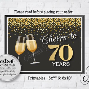 Cheers to 70 Years Decor, 70th Birthday Party Decor, Gold & Black Theme, 5x7/8x10, Instant Download, Digital Files