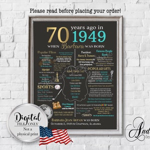 Personalized 70th Birthday Chalkboard Poster Design, 1949 Events & Fun Facts, 70th Birthday Gift, Digital Files