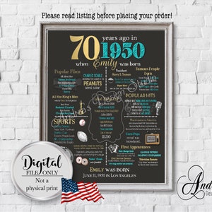 Personalized 70th Birthday Chalkboard Poster, 1950 Events & Fun Facts, 70th Birthday Gift, 70 Years Ago in 1950, Digital Files