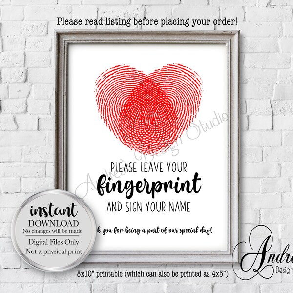 Please Leave Your Fingerprint and  Sign Your Name, Wedding Party Decor, WeddingGuest Book Sign, Instant Download, Digital Files