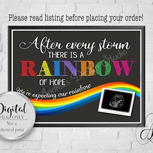 Dopo ogni tempesta, c'è un arcobaleno di speranza, Annuncio di gravidanza, Bambino arcobaleno, Accessorio fotografico, Stile lavagna, Stampa digitale