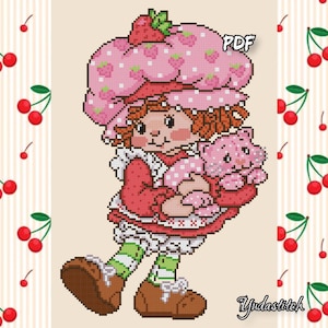 Könnte beinhalten: Kreuzstichmuster eines Cartoon-Mädchens mit rosa Erdbeerhut und Kleid, das eine rosa Katze hält. Das Design umfasst grün-weiß gestreifte Socken, braune Schuhe und den Text "PDF" und "Yudastitch". Der Hintergrund zeigt Kirschen.