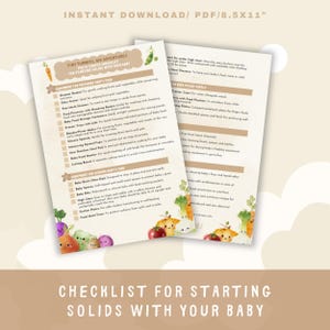 Può includere: Due liste di controllo stampabili intitolate "Tiny Tummies, Big Adventures" e "Checklist for Starting Solids with Your Baby". Le pagine sono bianche con testo e illustrazioni di verdure. Il testo in alto recita "Instant Download/ PDF/ 8.5x11".