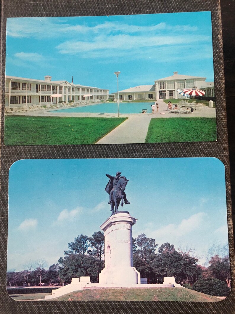 May include: Two vintage postcards. The top postcard shows a white building with a swimming pool in front of it. The bottom postcard shows a statue of a man on horseback.