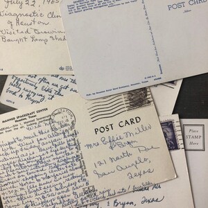 May include: A collection of vintage postcards with handwritten messages. The postcards feature images of the Manned Spacecraft Center in Houston, Texas, and General Sam Houston. One postcard has a handwritten message that reads "Mrs. Coffee Miller of Bryan, 121 North Poe, San Angelo, 26405".