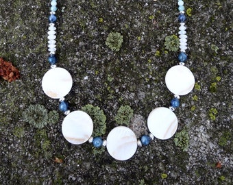 Mother of Pearl and Kyanite Necklace, Amazonite and Moonstone Necklace, Mother of Pearl Necklace, Kyanite, Coin Necklace, Unique Jewelry