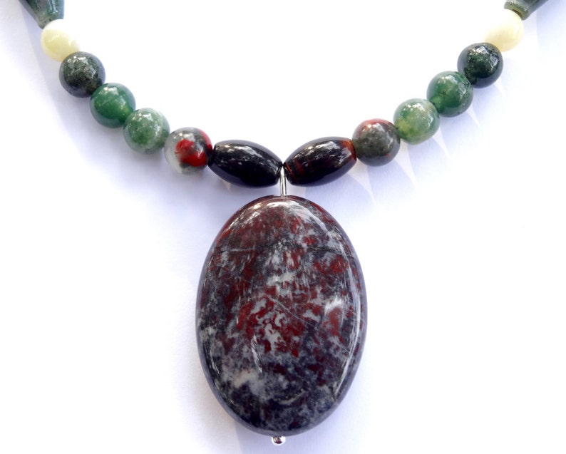 Soocho Jade Jasper and Indian Agate Necklace Jasper and Moss Agate Necklace Canadian Art Necklace Tridacna Jasper and Jade Necklace