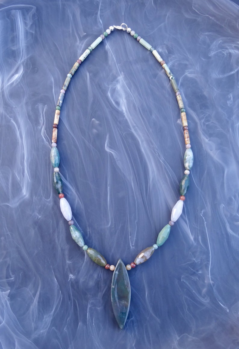 Indian Agate Marquise Necklace Antique Soocho Jade Necklace Indian Agate Necklace Birthday Mother/'s Day Gift Earth Tones Necklace