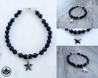 Blue Goldstone Bracelet, Silver Star Bracelet, Charm Bracelet, Star Charm Bracelet, Wishing Star Bracelet, Mother's Day Gift, Celestial