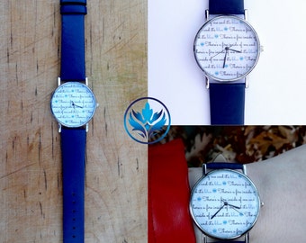 Blue Fire Watch with Navy Blue Leather Watchband, Slogan Watch, Script Watch, Unisex Watch, Blue Watch, Women's Watch, Men's Watch, Analog